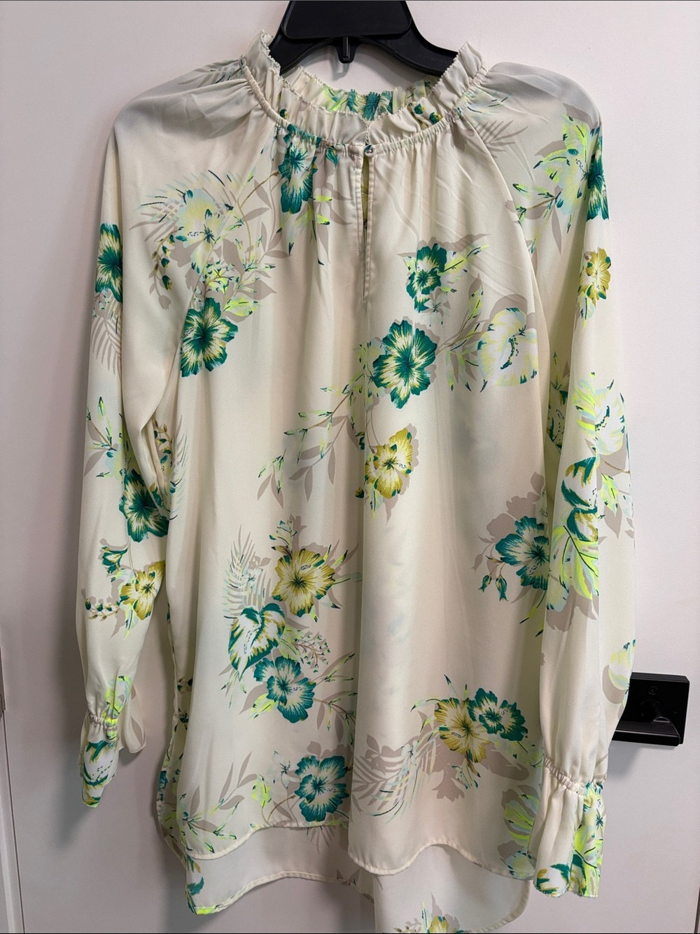 Kaari Blue Cream Floral Long-Sleeve Tunic with Green Accents